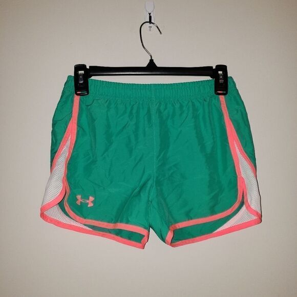 UNDER ARMOUR GREEN AND NEON CORAL WHITE LOOSE RUNNING SHORTS SIZE YOUTH LARGE - Picture 1 of 5